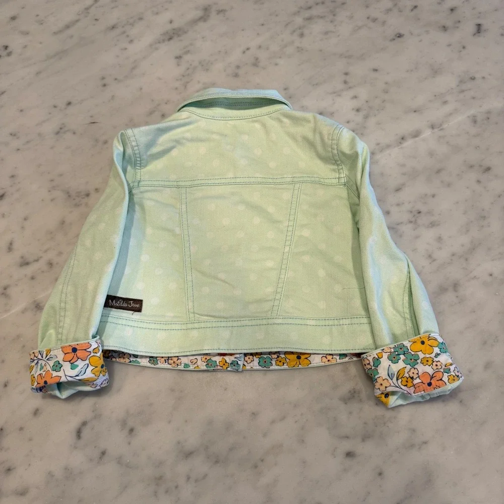 Matilda Jane Mint‎ Green Polka Dot Denim Jacket Floral Trim Girls Size 4